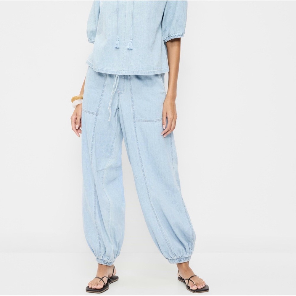 Old Navy Balloon Barrel Pants Pull On Utility Harem Denim Light Wash XL Cotton